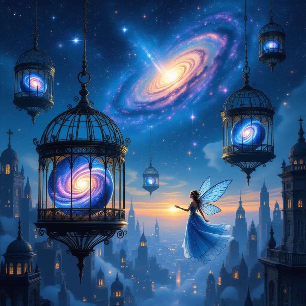 Surreal Cityscape of Galaxy Birdcages