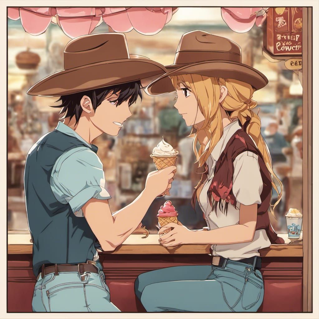 Cowboy and Cowgirl at Ice Cream Parlor in Anime Style