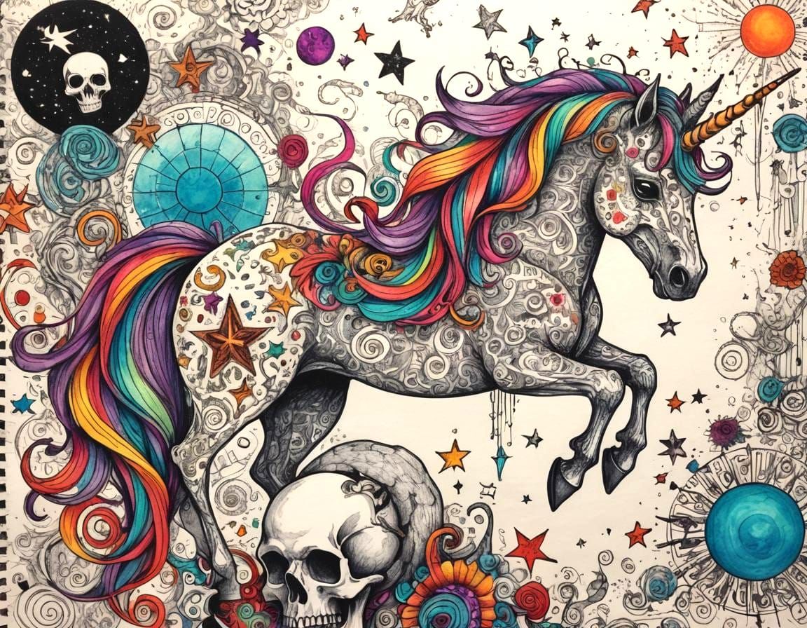 Surreal Gothic Zentangle Unicorn Doodle