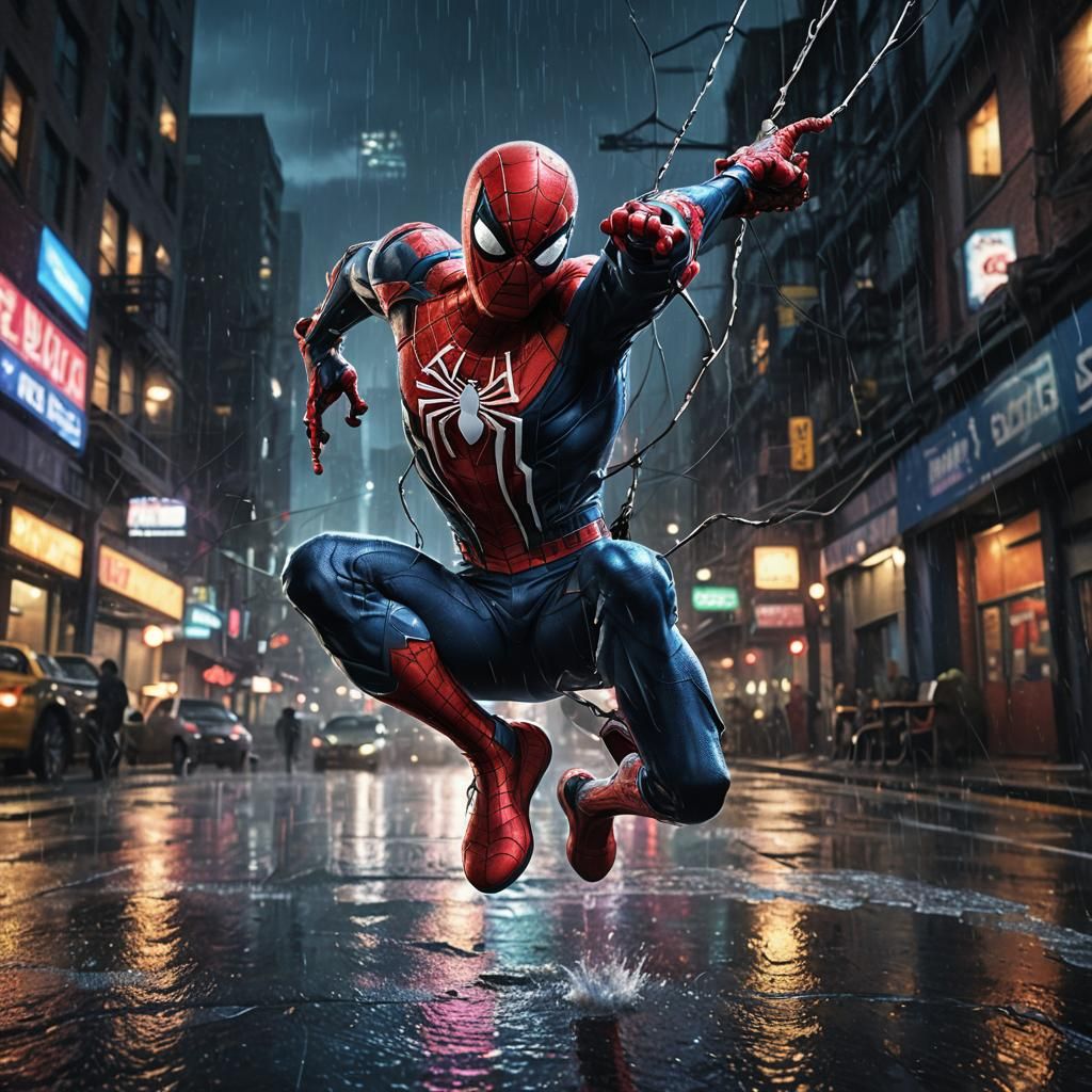 Spiderman Mid-Air Fight in Rainy Cyberpunk City