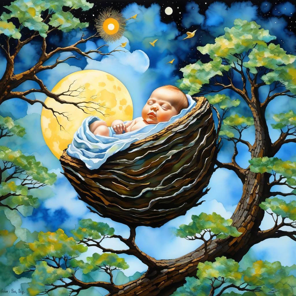 Cradle in Tree: Mixed Media Artistic Composition