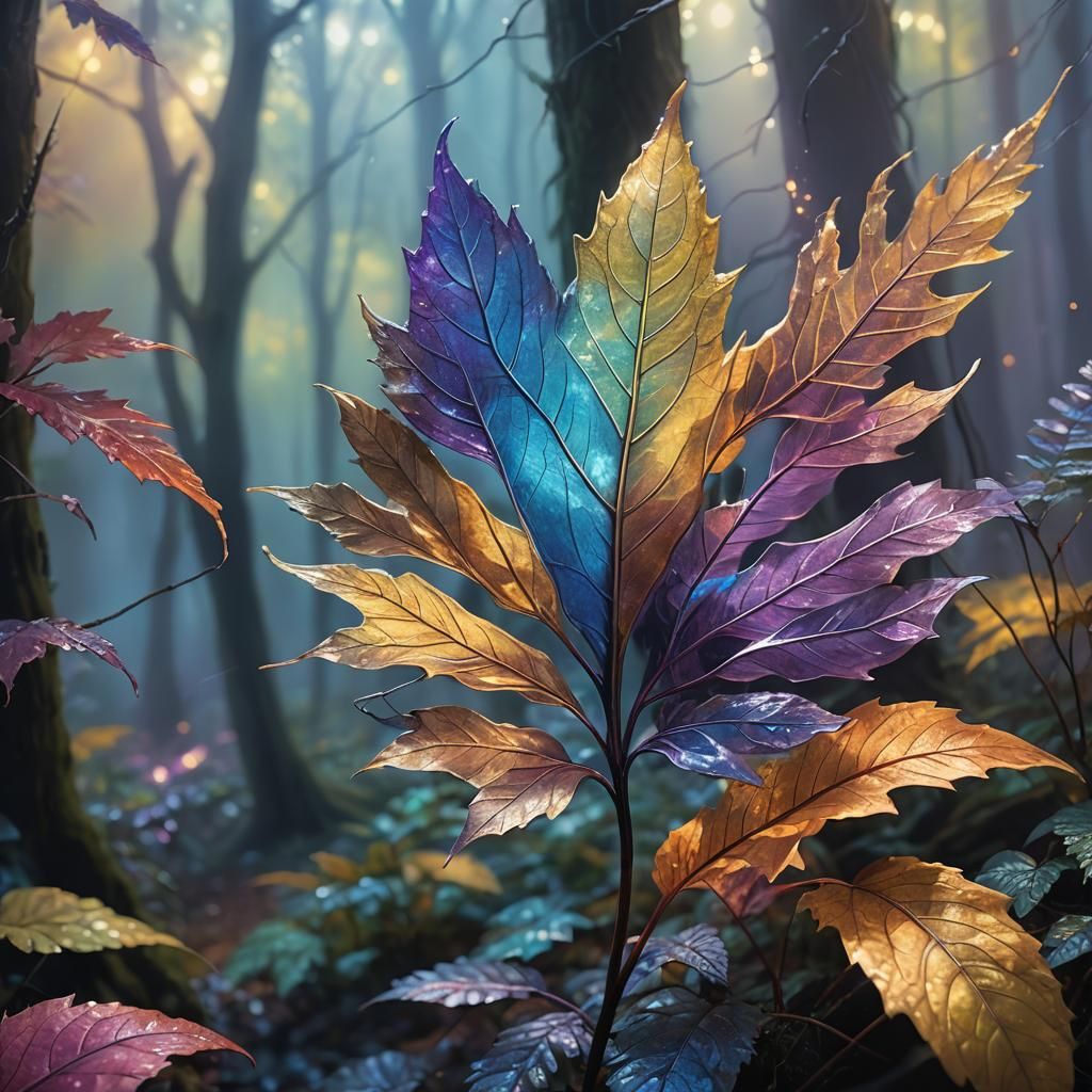 Iridescent Leaf Unfurls in Mystical Forest: Oil Painting