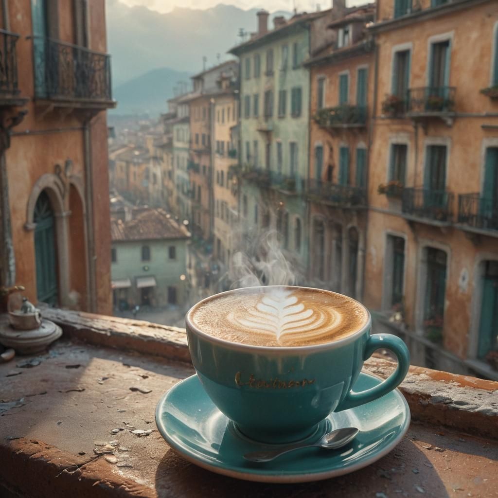 Cappuccino Overlooking Italian Apartments, Fantasy Matte Pai...