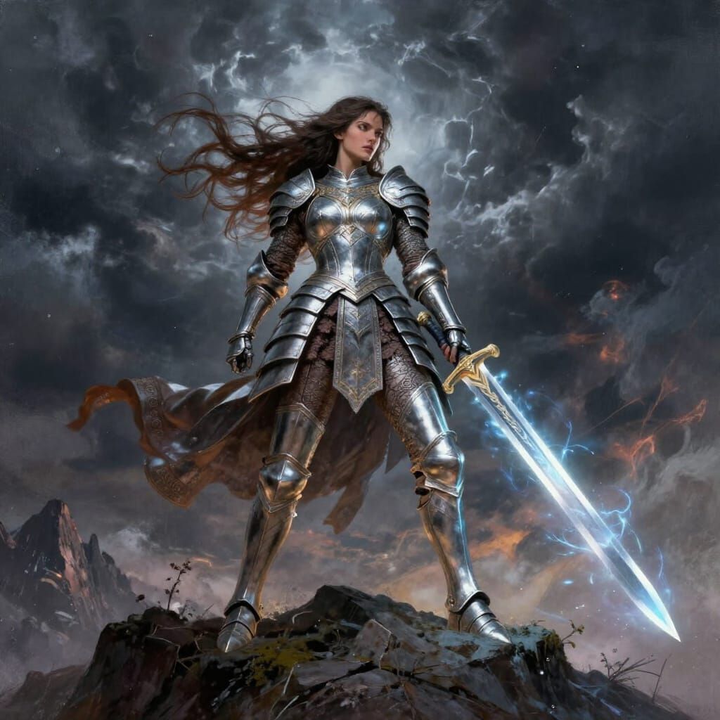 Warrior Princess on Mountain Peak with Glowing Sword