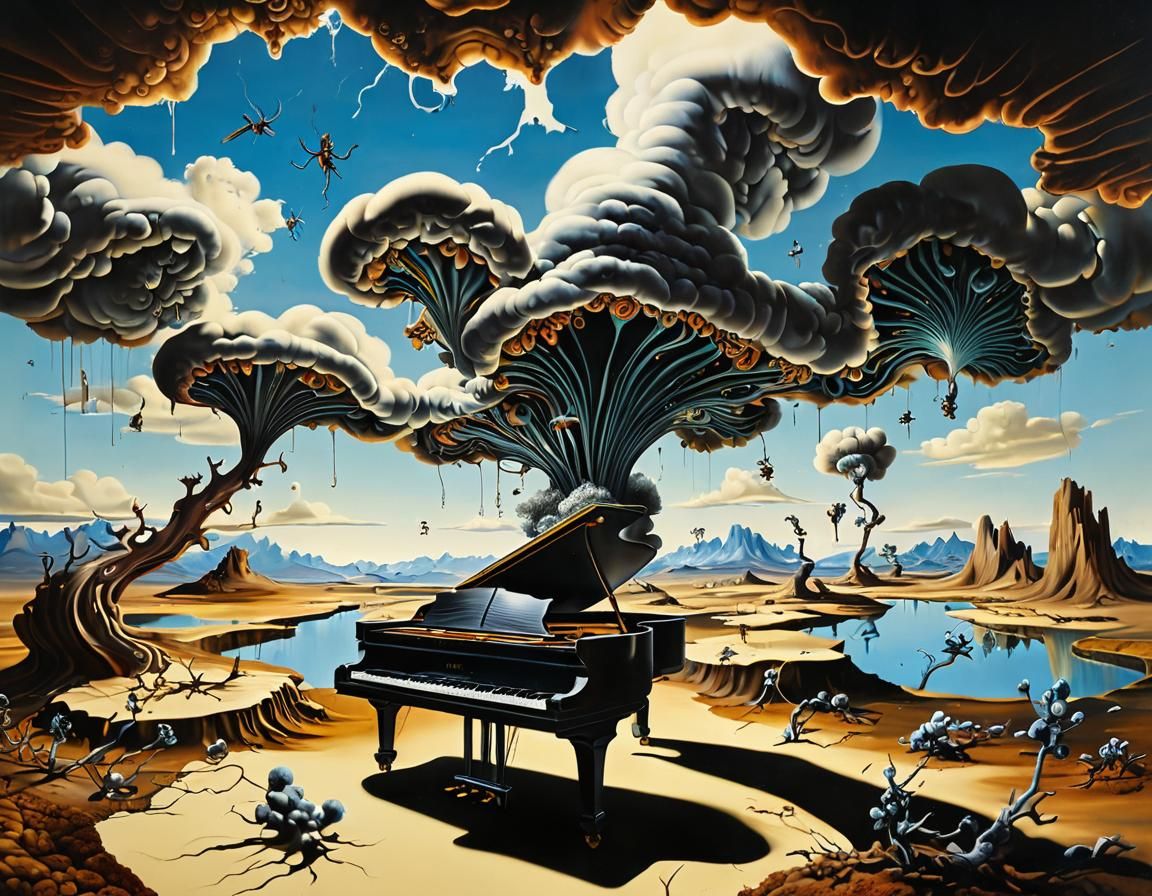 Surreal Landscape with Elastic Flora and Floating Ants