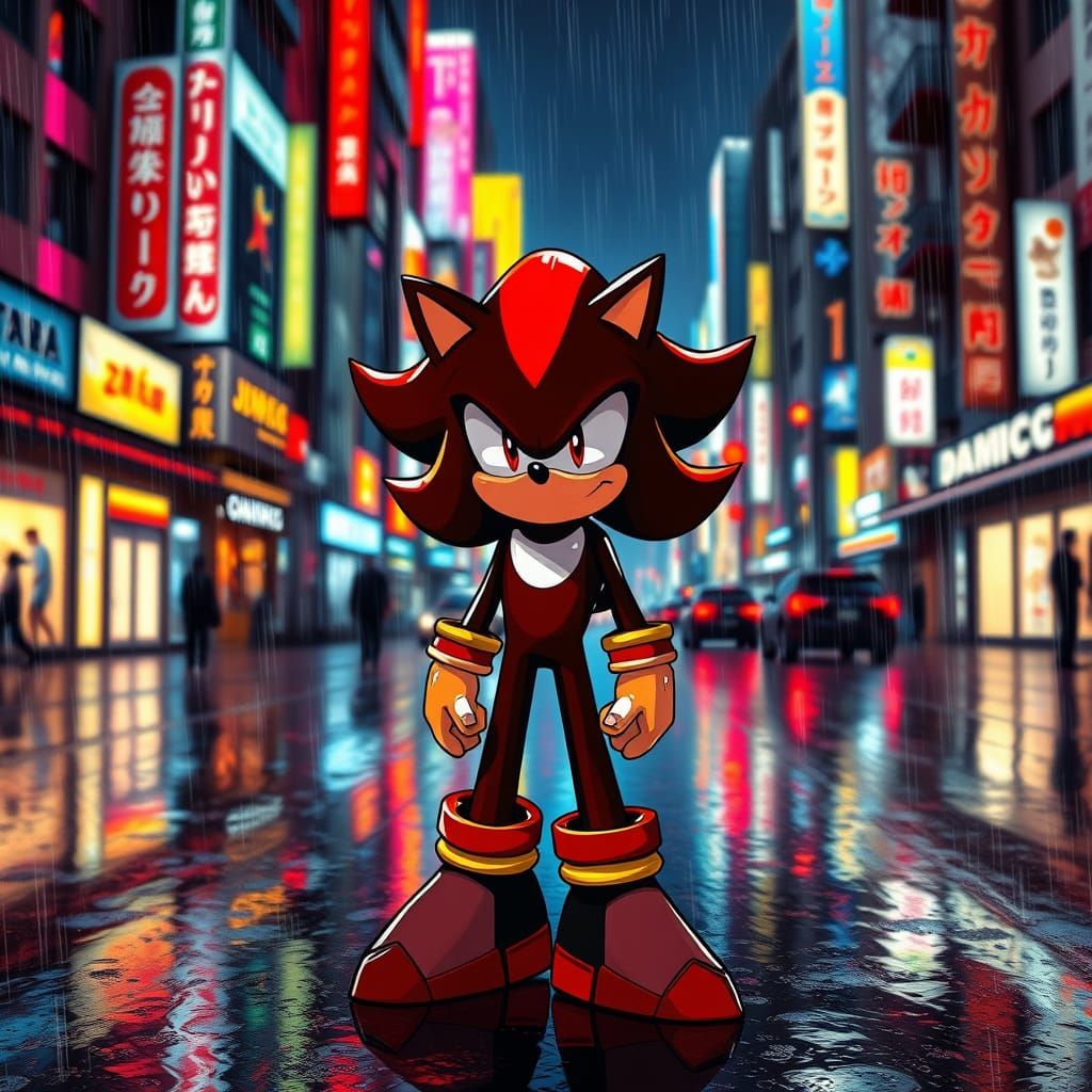 Shadow the Hedgehog in Rainy Tokyo Neon Streets