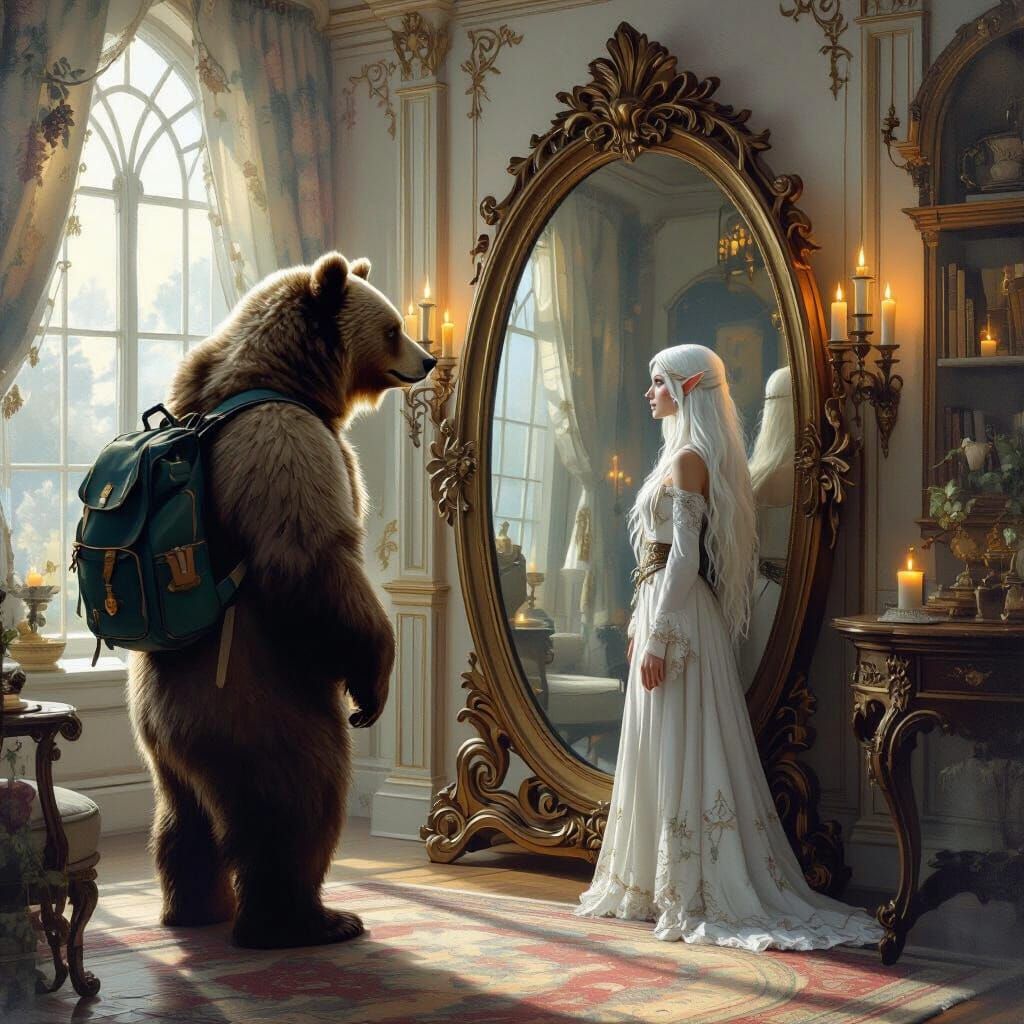 Elven Living Room with Bear and Mirror in Mist Oil Painting