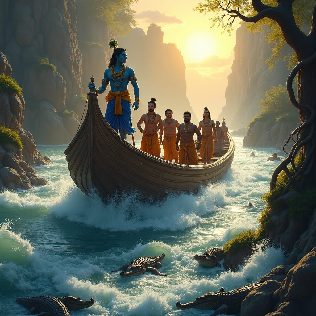 Krishna Guides Pandavas Through Treacherous River