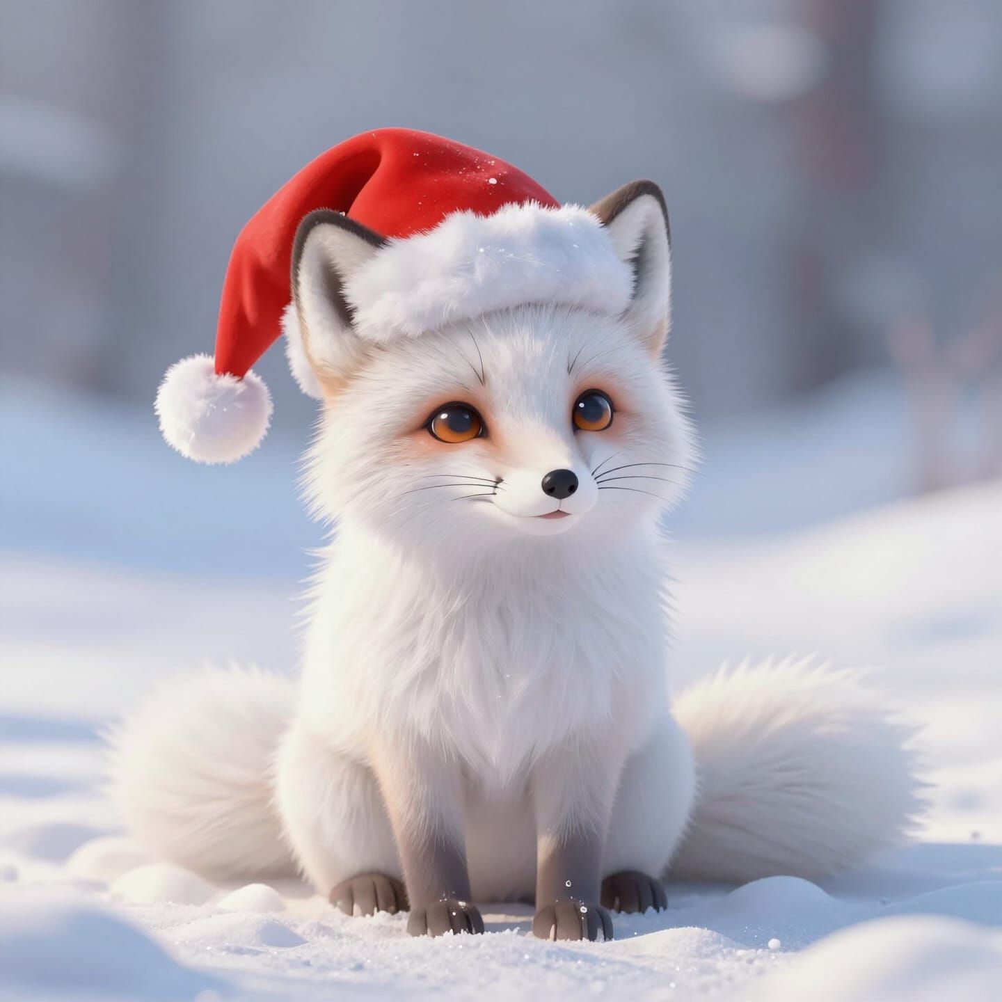 Fluffy Arctic Fox in Snow Wearing Santa Hat