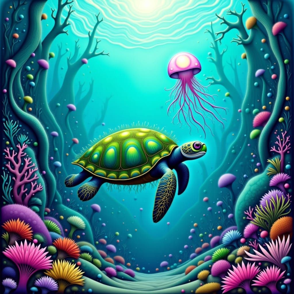 Sea Turtle and Jellyfish in Vibrant Coral Reef