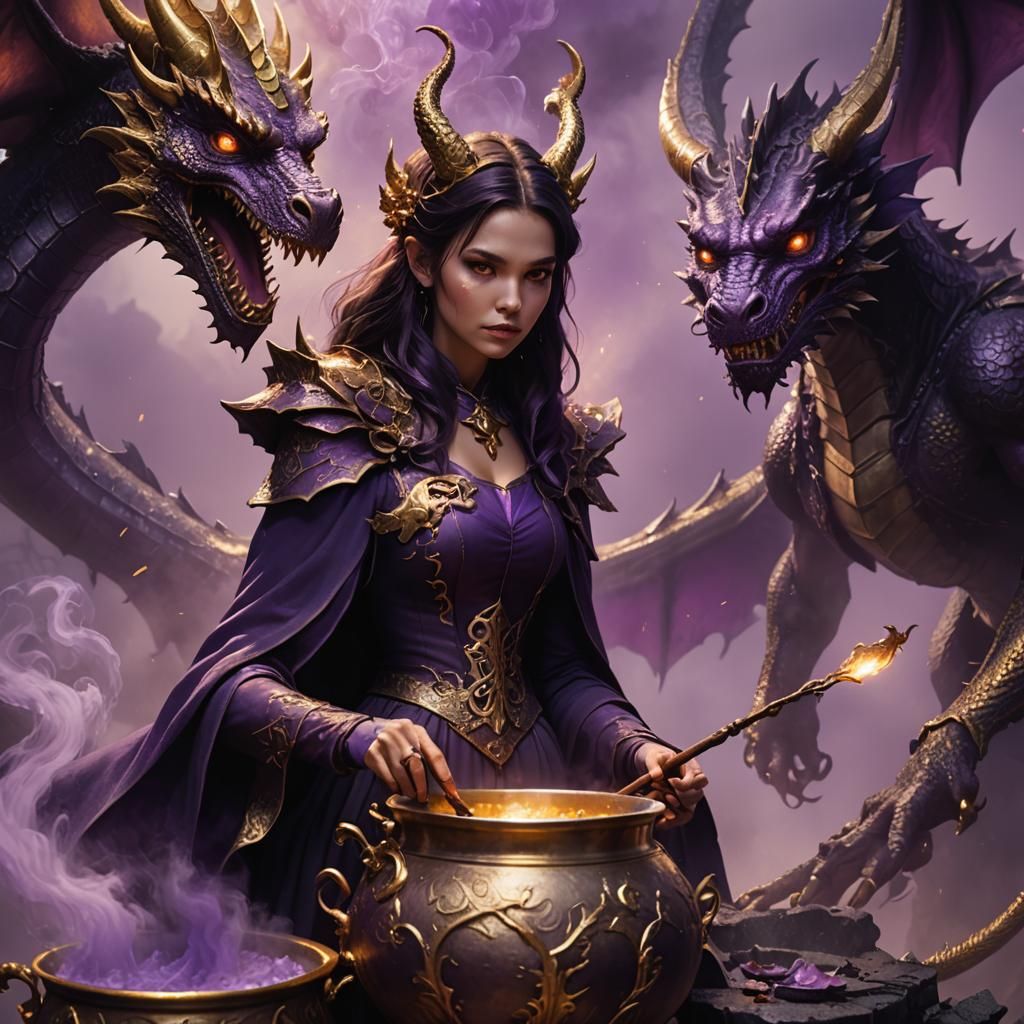 Purple Witch and Dragon in Dark Fantasy Style