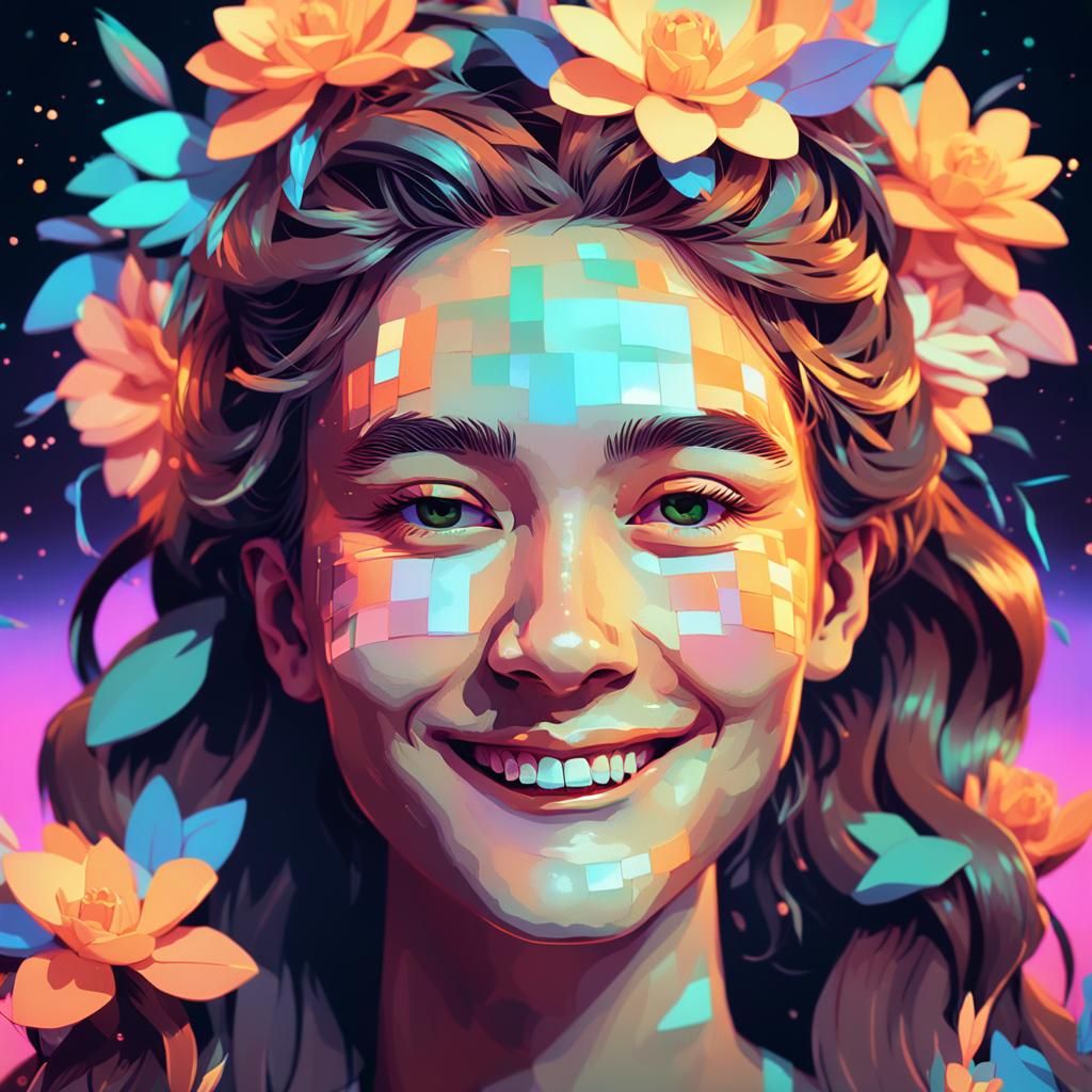 Low-Poly Woman with Flowers, Retro-Futurism Neon Vibes