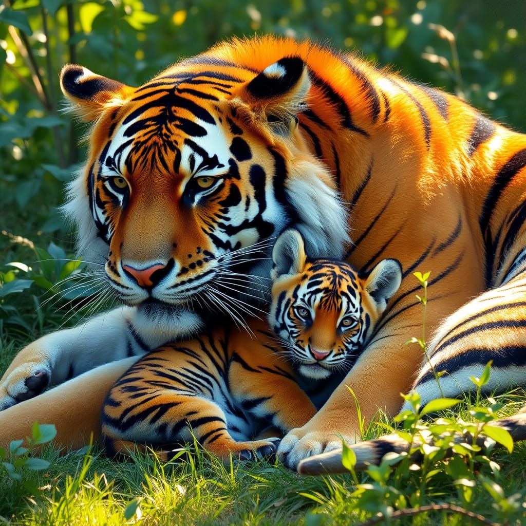Tiger Father and Cub in Serene Forest Scene