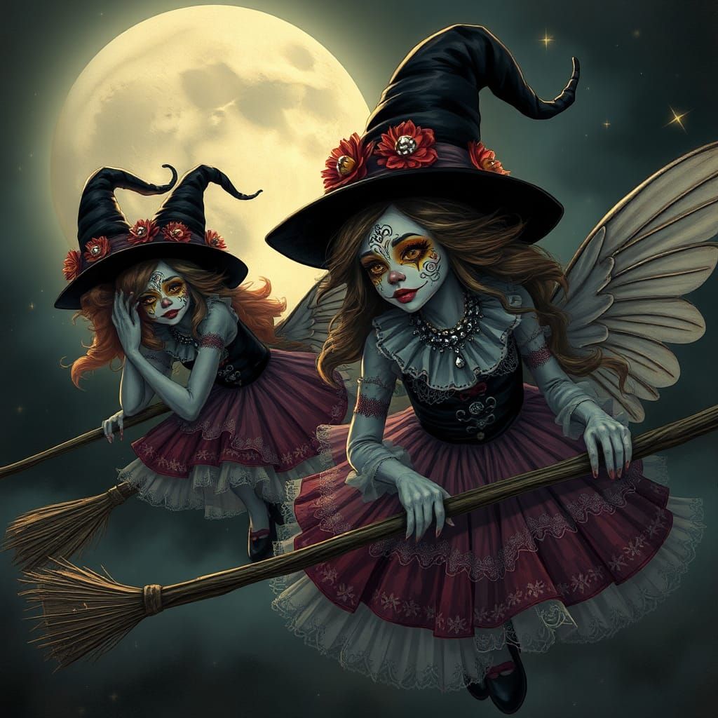 Whimsical Witches Fly Under Moonlight, Dark Fantasy Art
