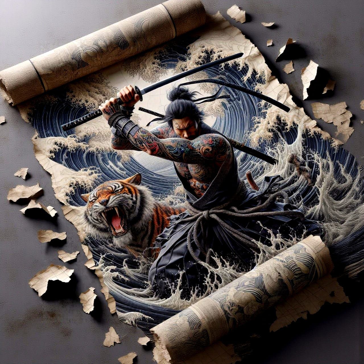 Samurai Warrior Unsheathing Sword in Utagawa Kuniyoshi Style