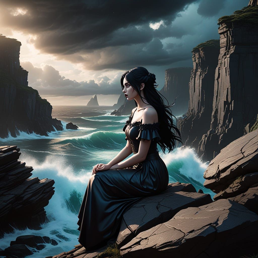 Goth Girl Gazing at Stormy Sea, Anime Style