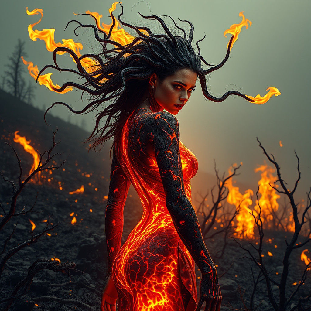 Lava Woman Radiating Heat in Apocalyptic Landscape