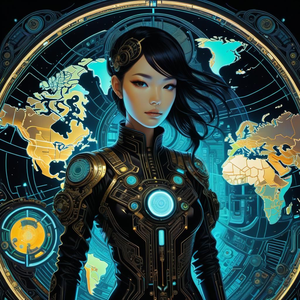 Futuristic Cyberpunk World Map in Inkpunk Minimalism