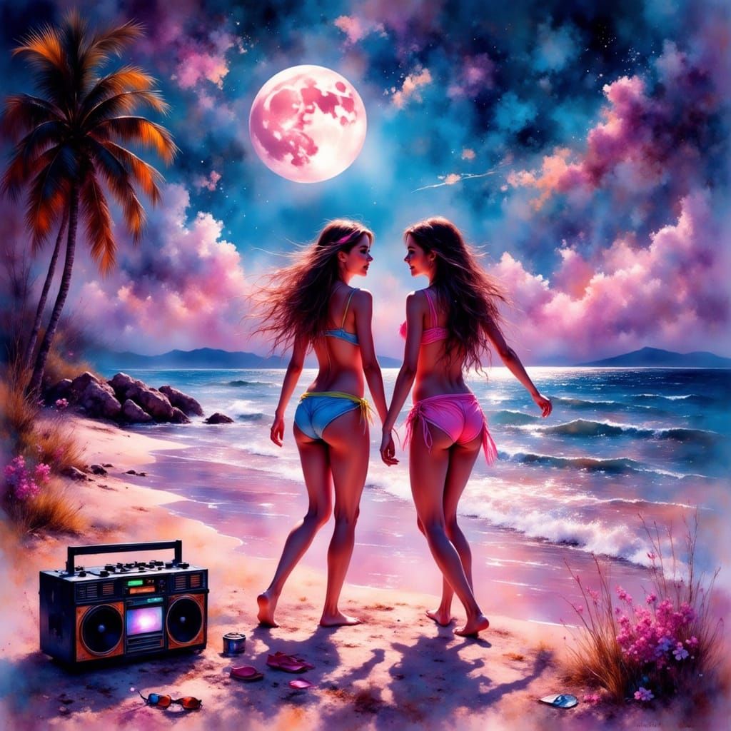 Synthwave Beach Party Under Neon Moonlight