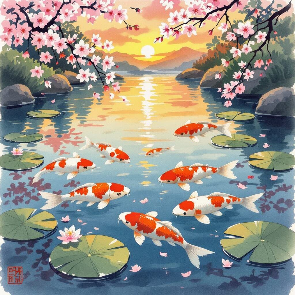 Koi Pond Sunset in Japanese Watercolor Style