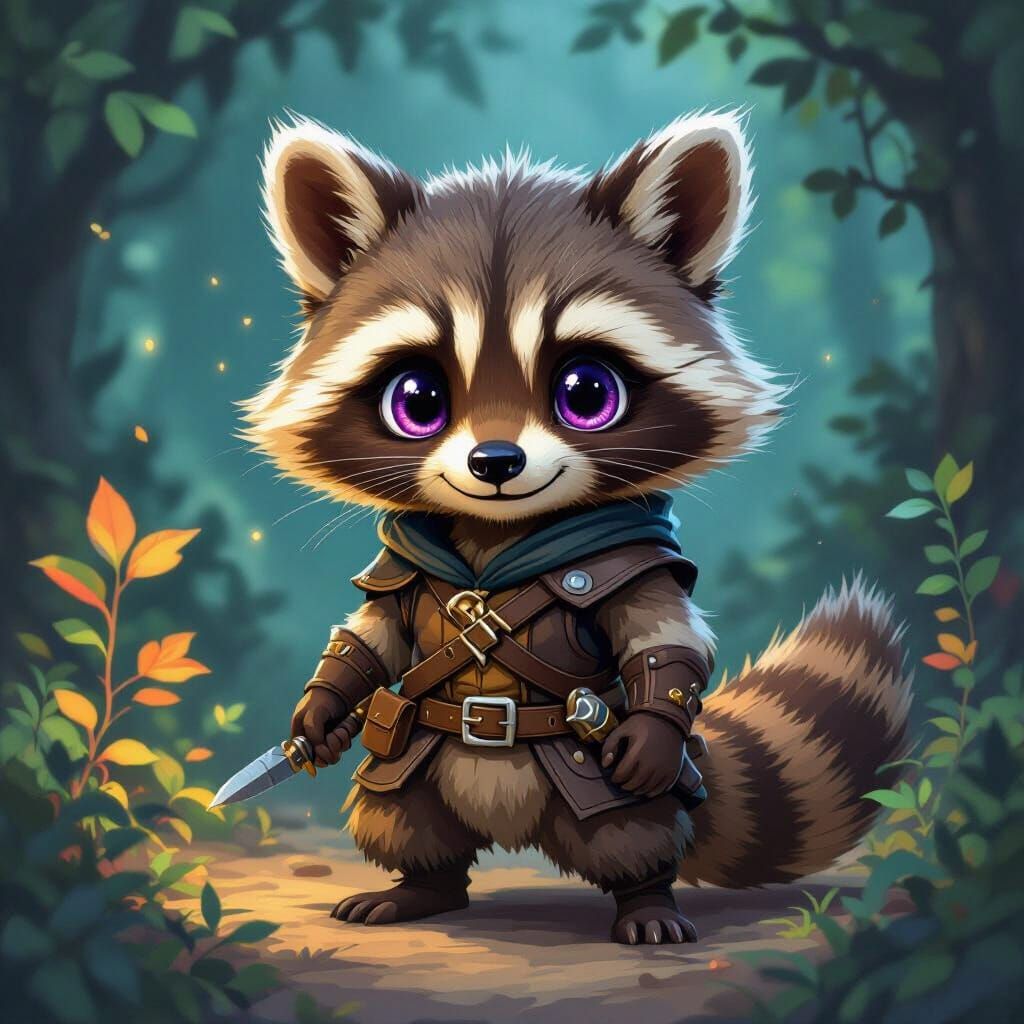 Cute Raccoon Rogue with Purple Eyes in Storybook Style