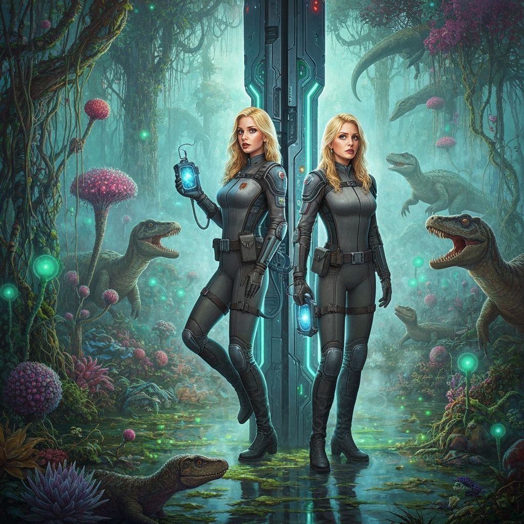 Time Travelers in Jurassic Swamp, Surreal Sci-Fi Art
