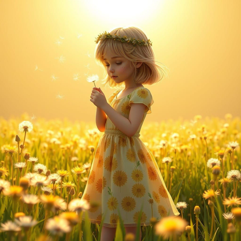 Whimsical Dandelion Maiden in a Fantastical Field