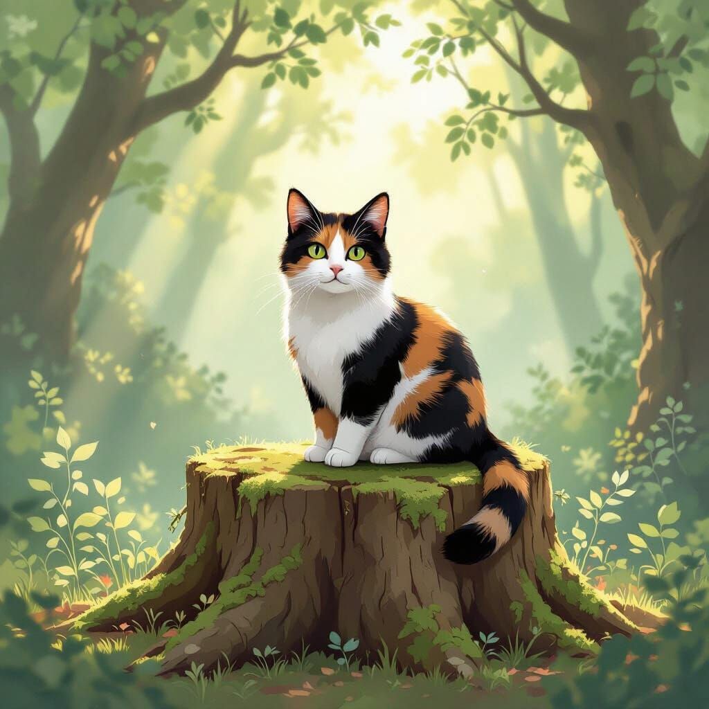 Calico Cat on Tree Stump in Sun-Dappled Forest