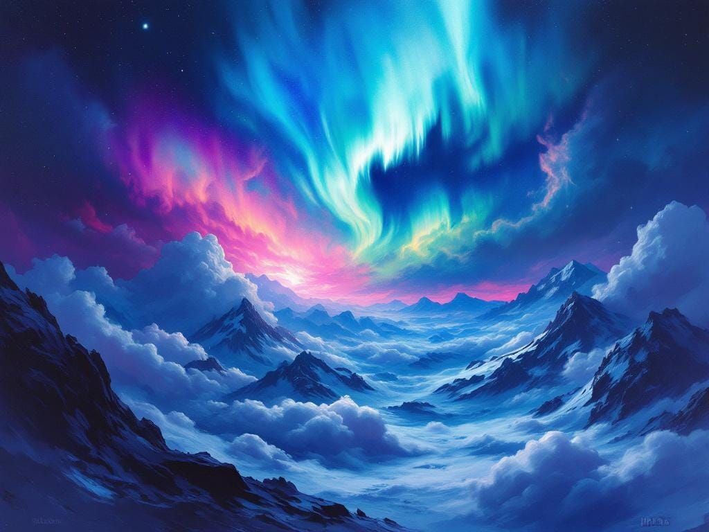 Magical Aurora Borealis Painting Over Mountains