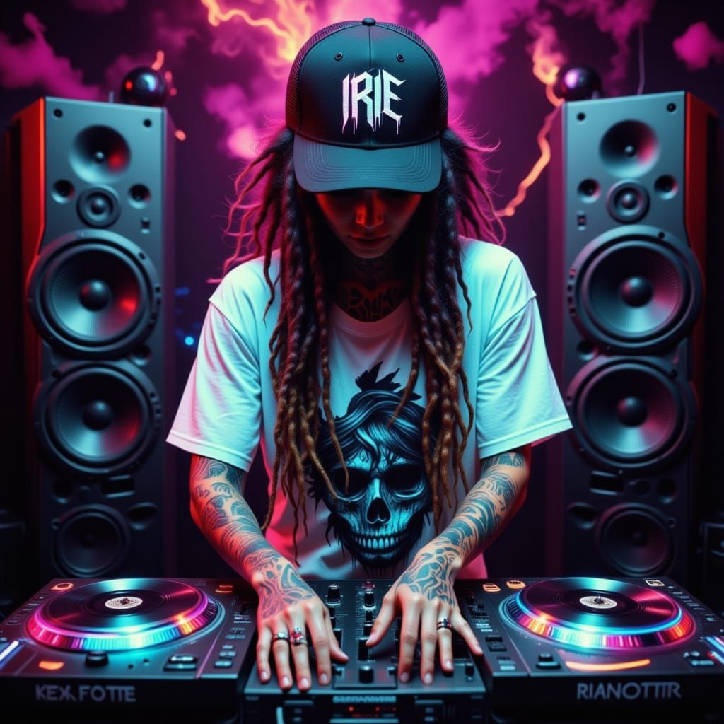 Low Angle Shot of DJ with Vibrant Tattoos and Dreadlocks