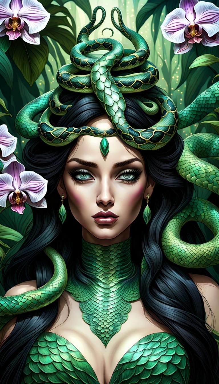 Mystical Queen of the Serpents in Vibrant Tropical Splendor
