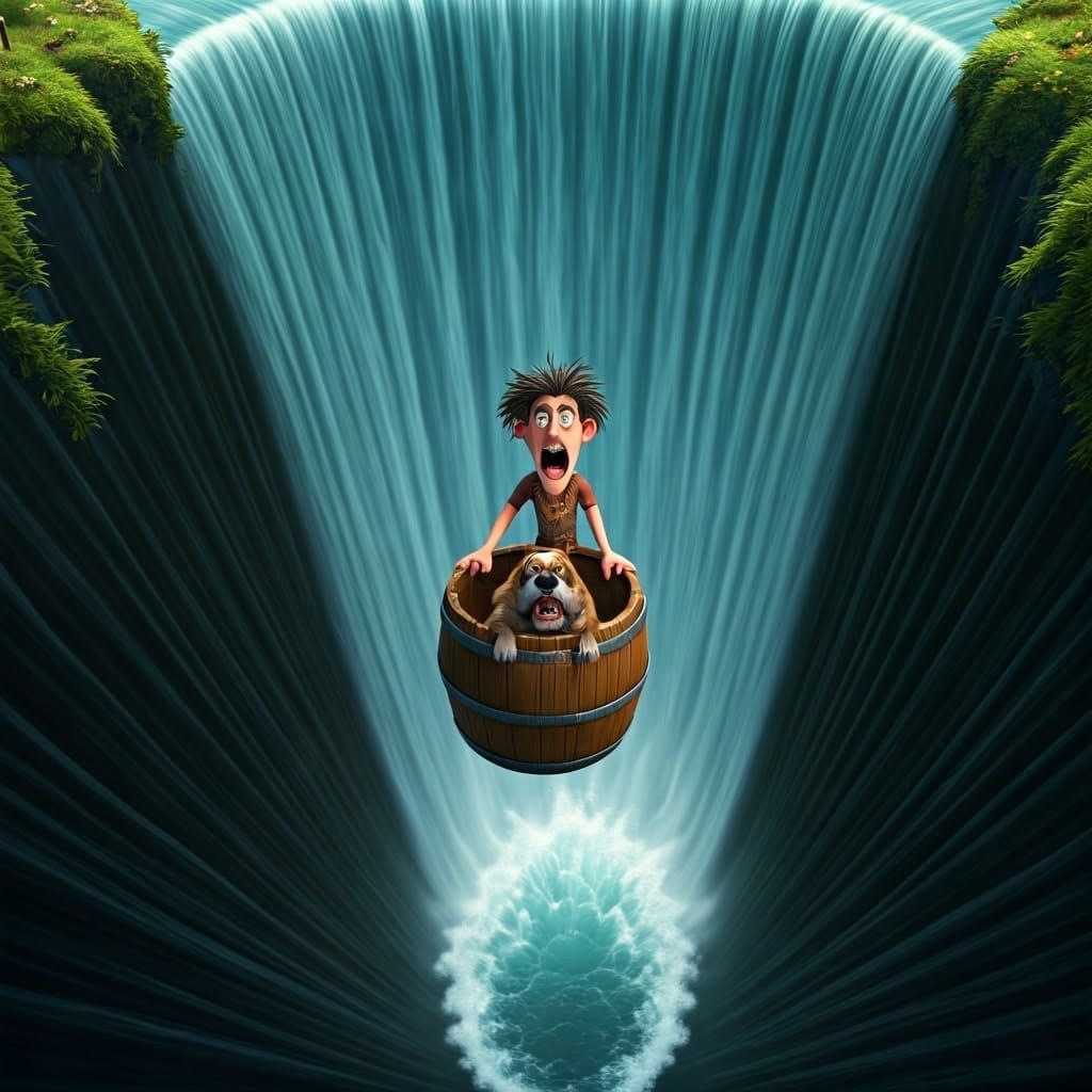 Hyperealistic Waterfall Scene with a Barrel and a Dog