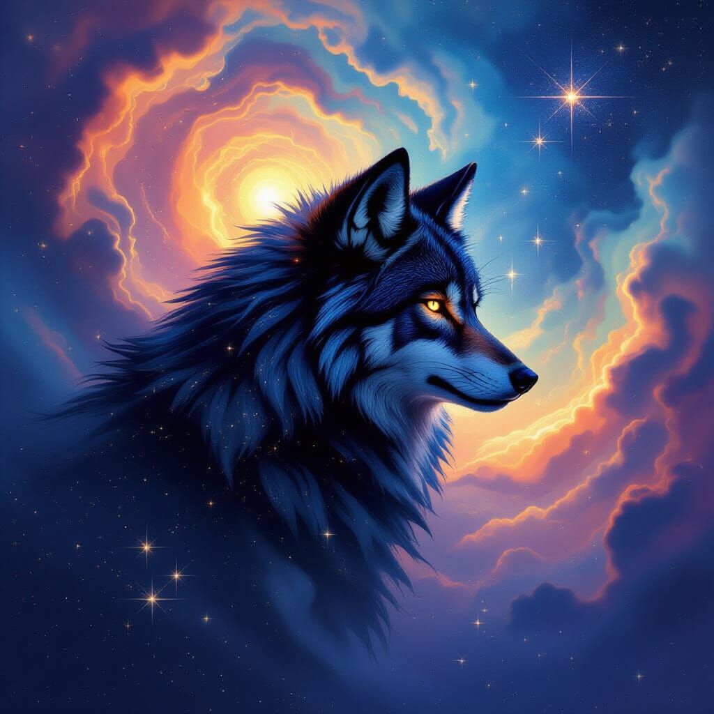 Cosmic Wolf Silhouette in Surreal Nebula Scene