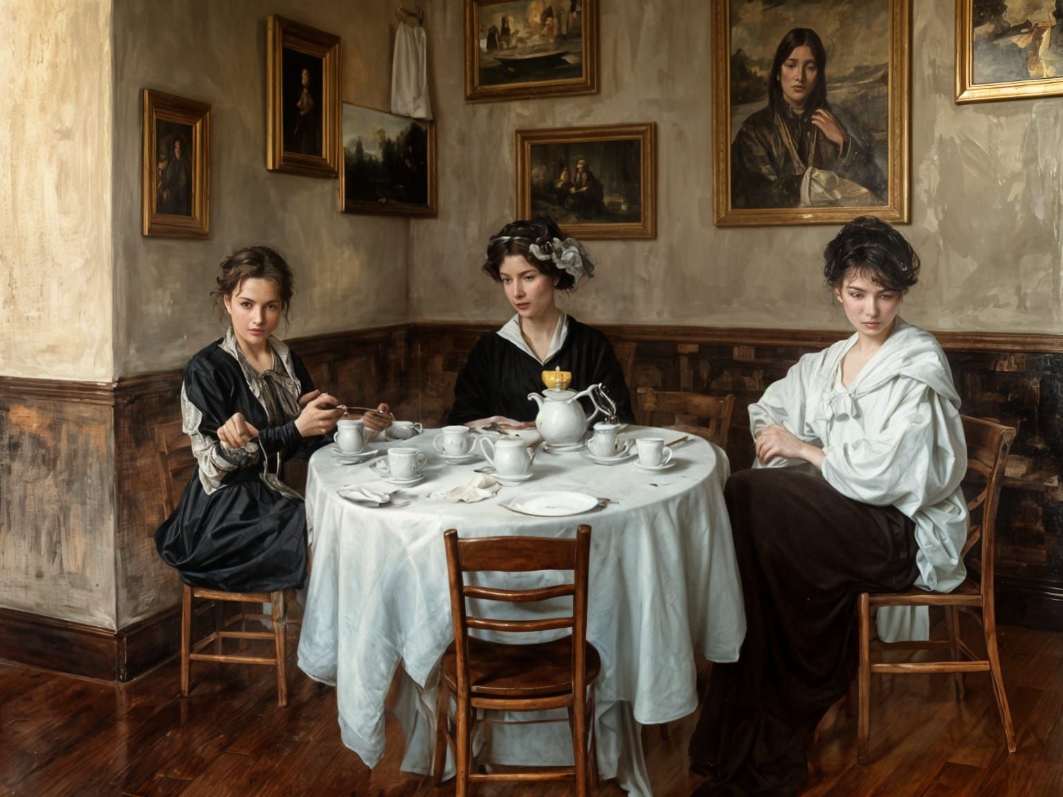 Elegant Woman Enjoying Tea in Cafe with Art