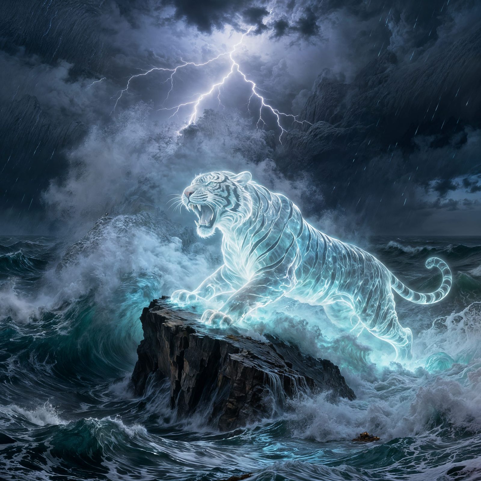 Raging Storm Tiger Emerges from Crashing Waves