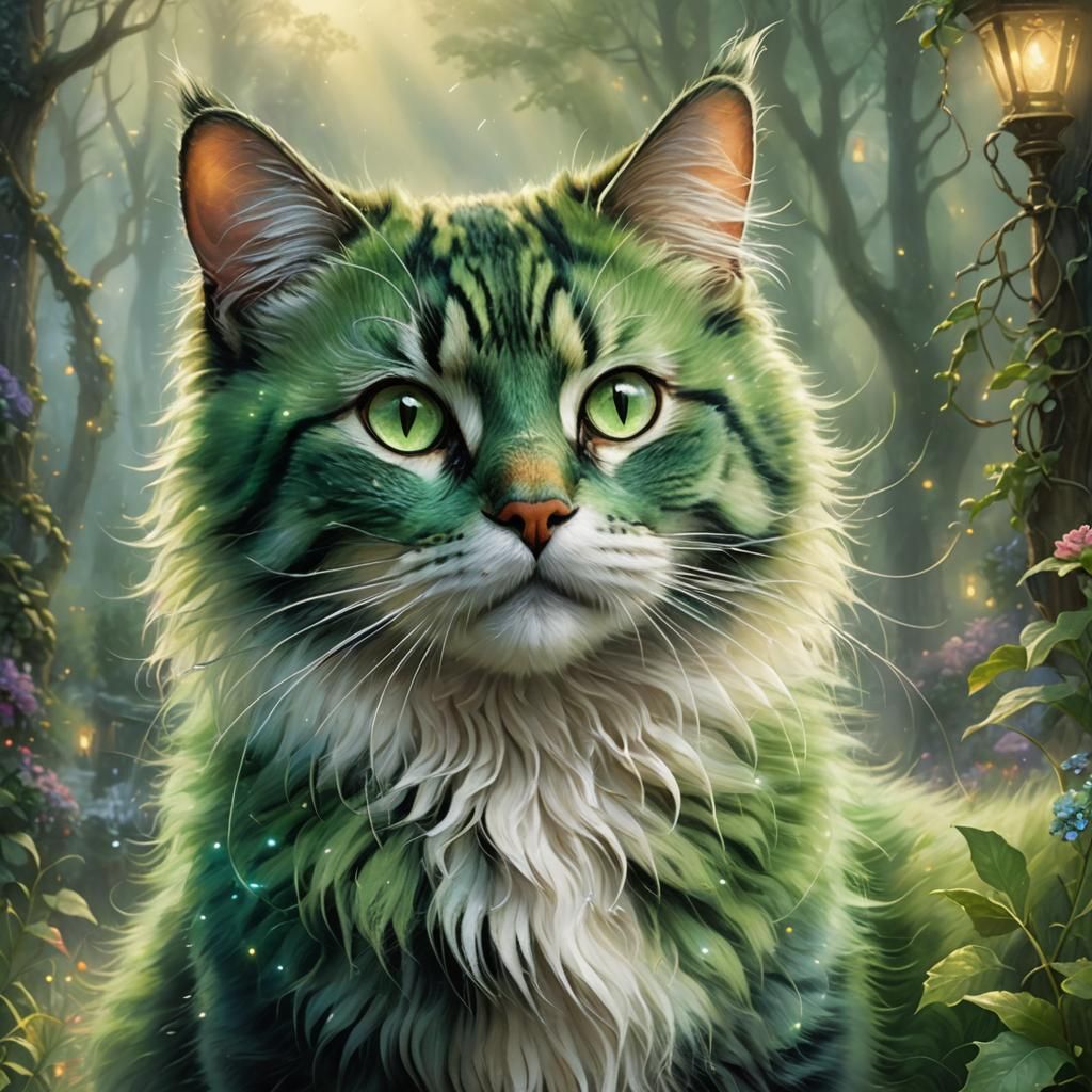 Green Cat with Sparkling Eyes in Fantasy Style