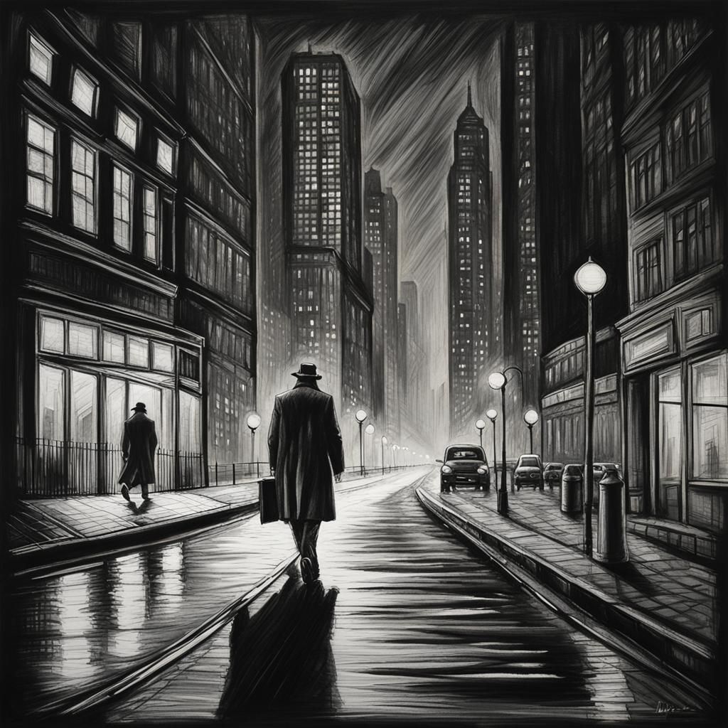 Noir Cityscape: Hyperdetailed Charcoal Drawing of Solitary M...