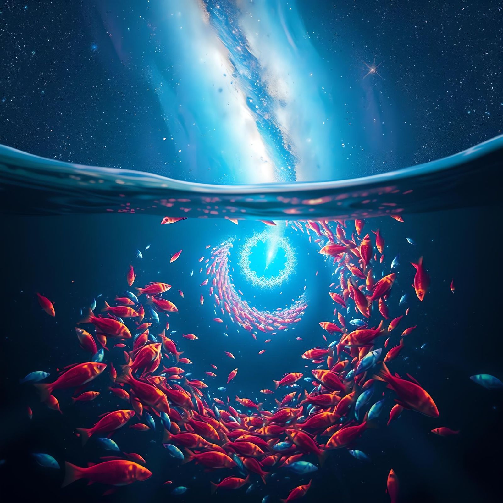 Galaxy Meets Ocean: A Glowing Fish Swarm