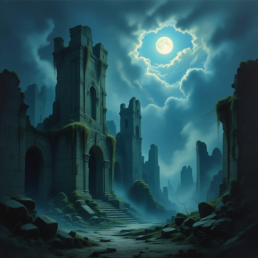 Lost City Sanctuary Ruins in Dark Fantasy Style