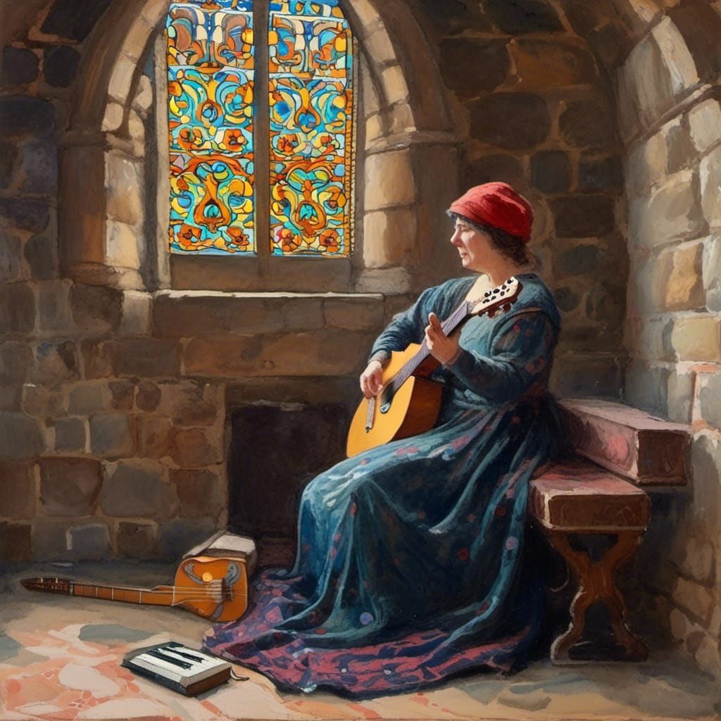 Medieval Musician with Guitar in Gouache Style