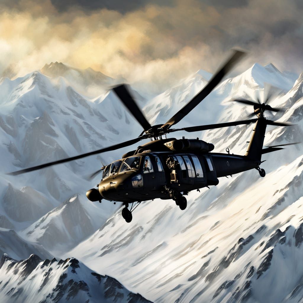 Black Hawk Helicopter Over Alaskan Mountains