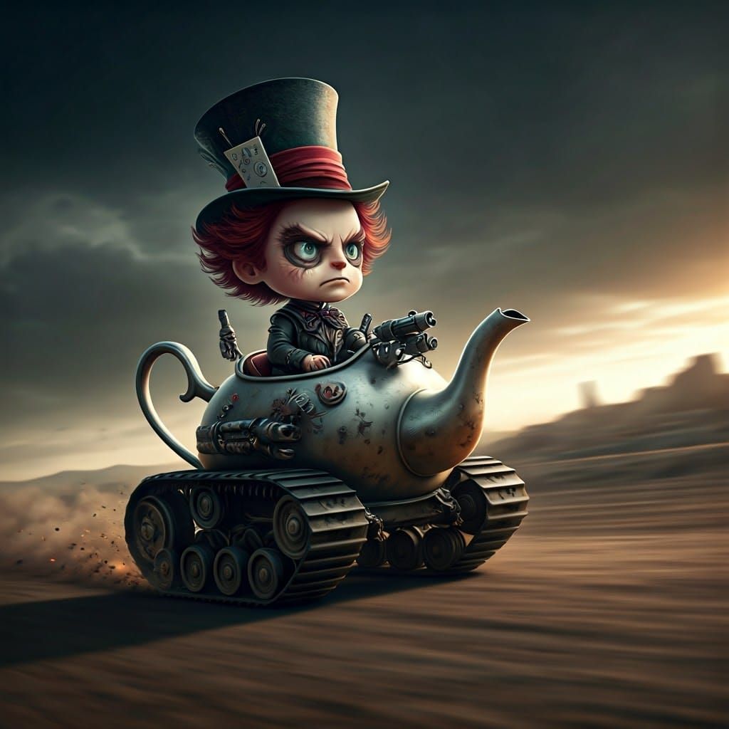 Mad Hatter Races Teapot Tank in Apocalyptic Wasteland