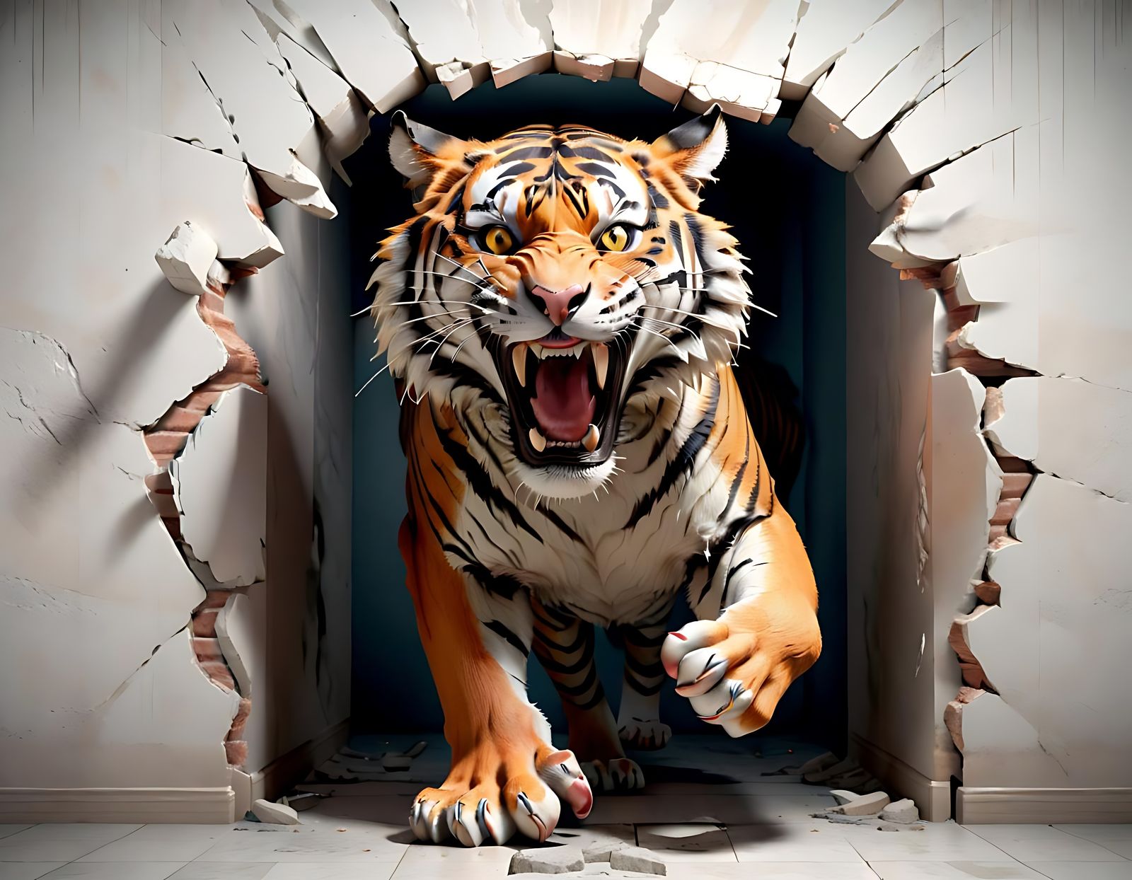 Roaring Tiger Breaks Through Wall in 3D