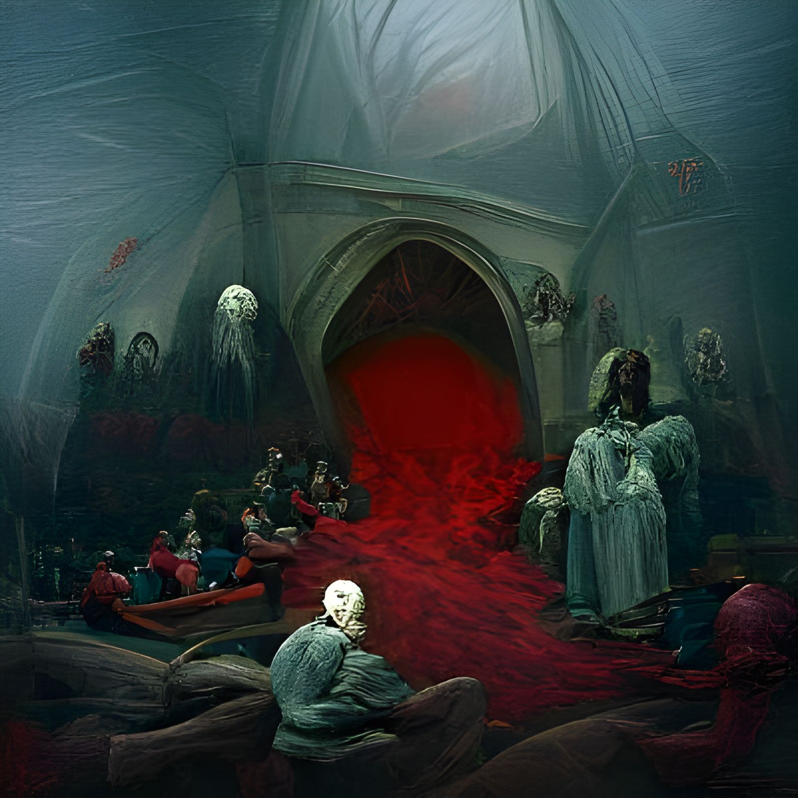 Dark Chapel Interior in Horror Etching Style