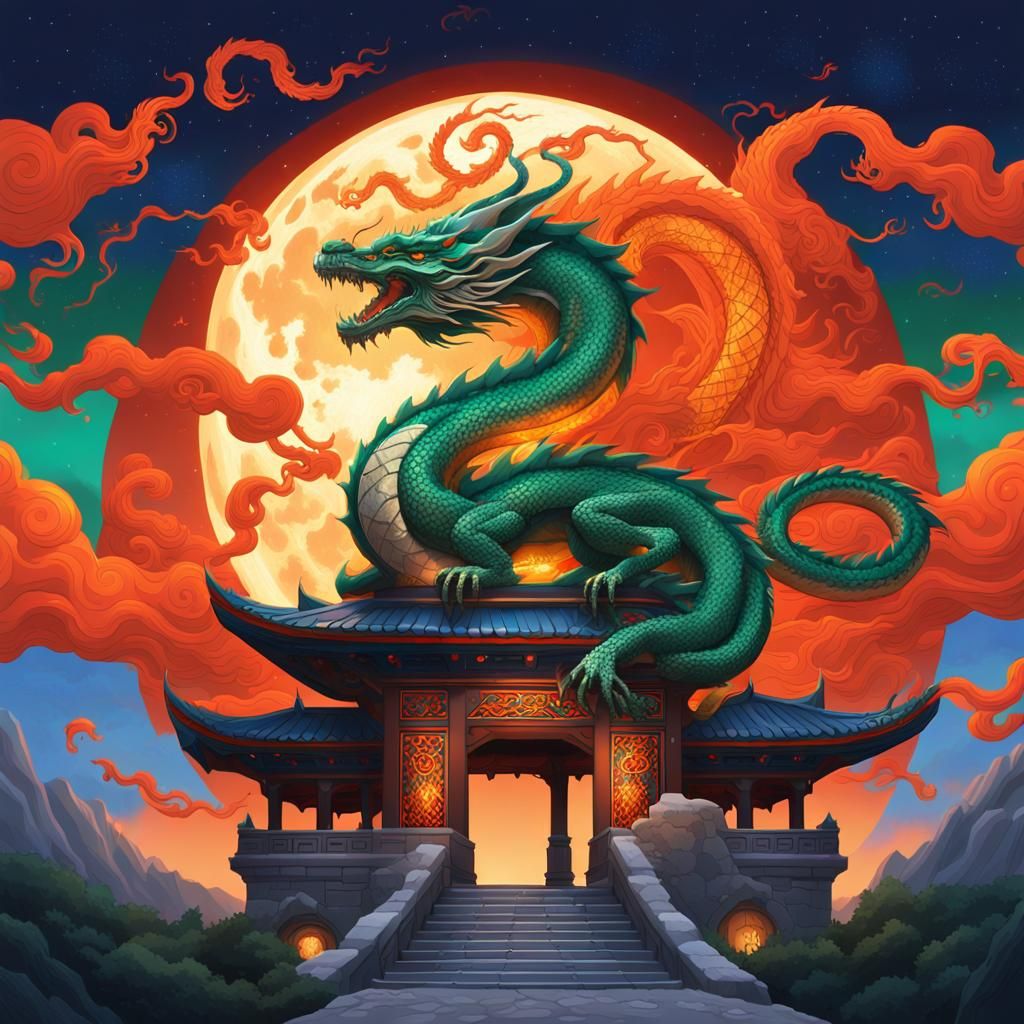Majestic Emerald Dragon Swirling in Fantasy Landscape