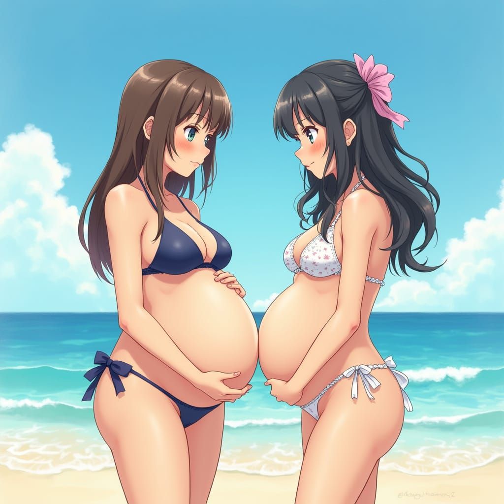 Anime Women with Pregnancy Bellies on Beach in Watercolor St...