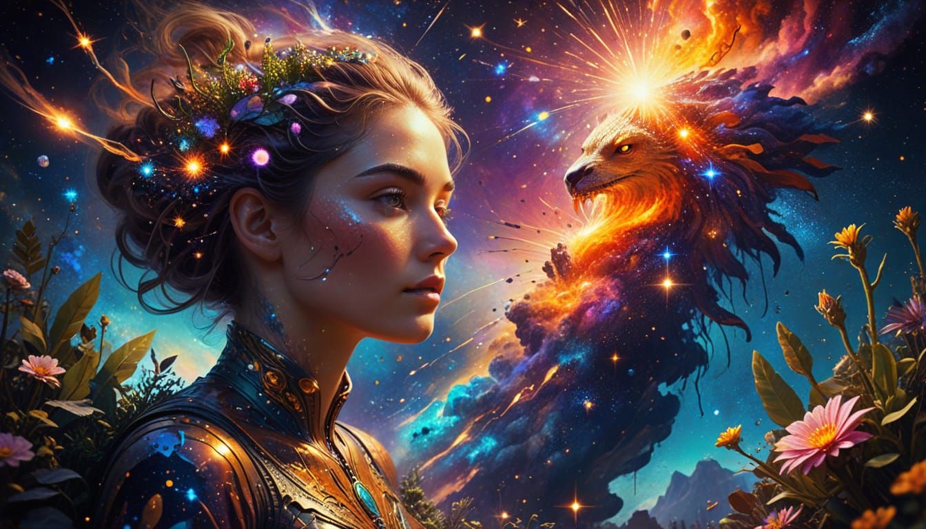 Cosmic Origins: Vibrant Oil Painting of Life and Galaxy