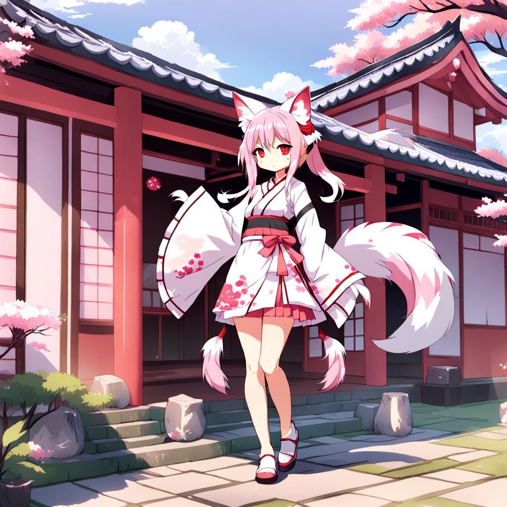 Anime Kitsune Girl with Pink Hair and Japanese Dress