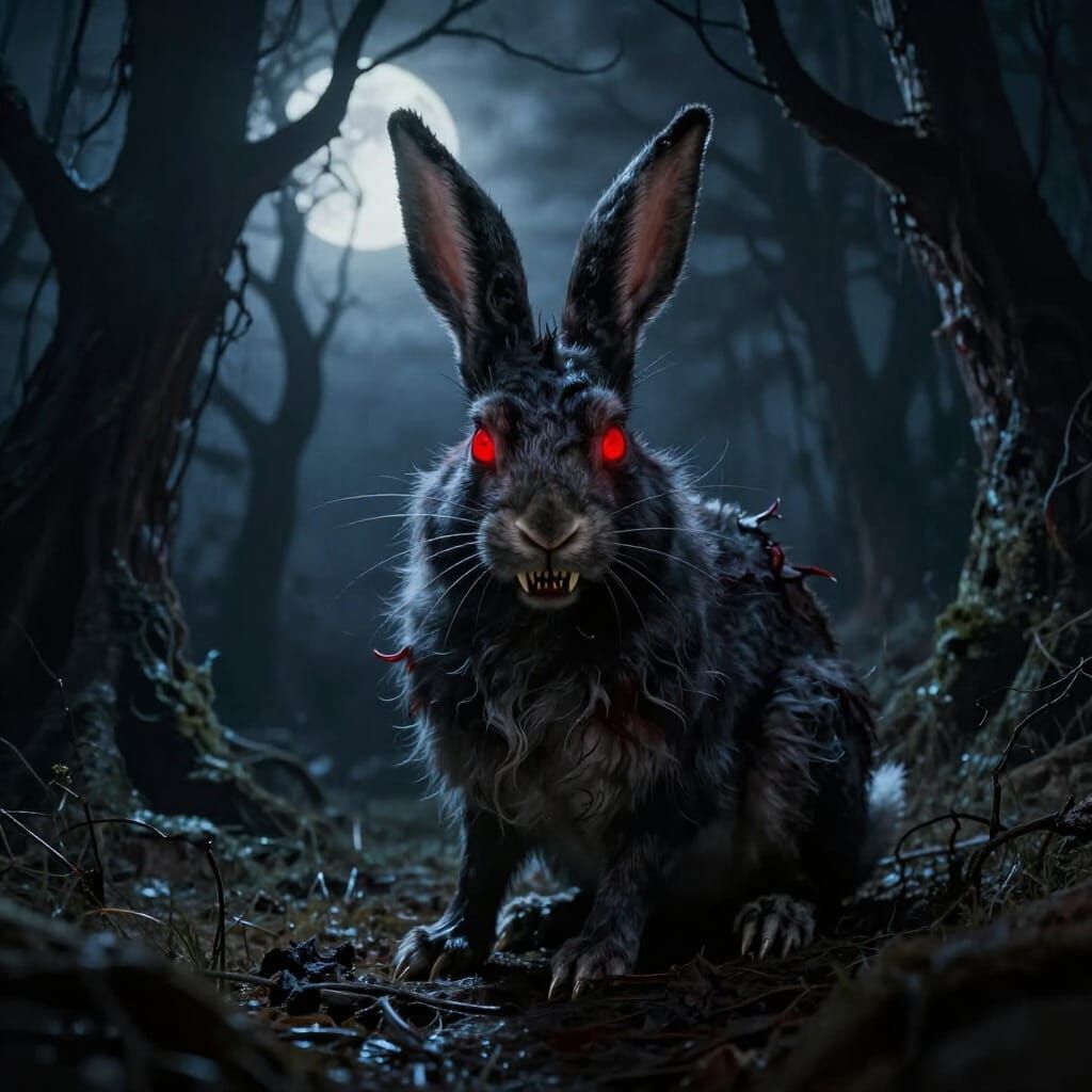 Terrifying Rabbit with Red Eyes in Dark Forest