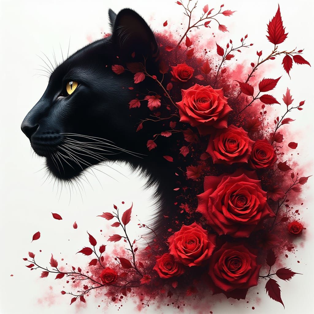 Surreal Black Panther Silhouette with Fractal Roses